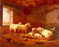 Schaf mit Hühnern und einer Ziege in einer Scheune Eugene Verboeckhoven Tier